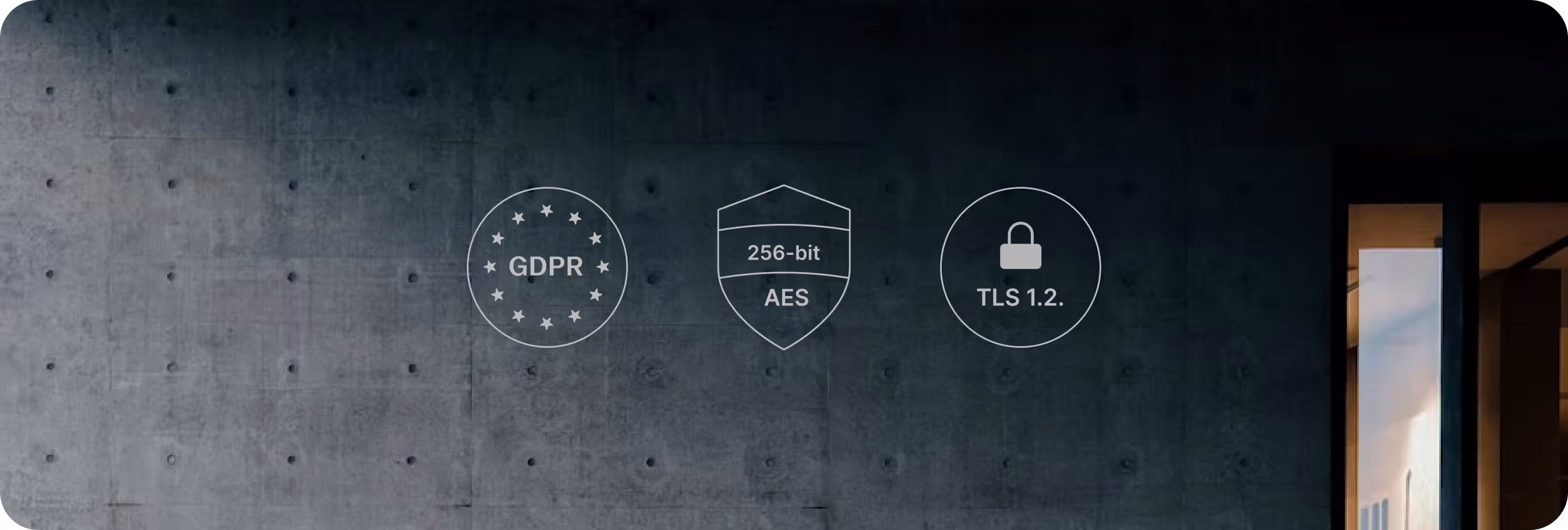 Security visualization with GDPR, AES-256, and TLS 1.2 badges